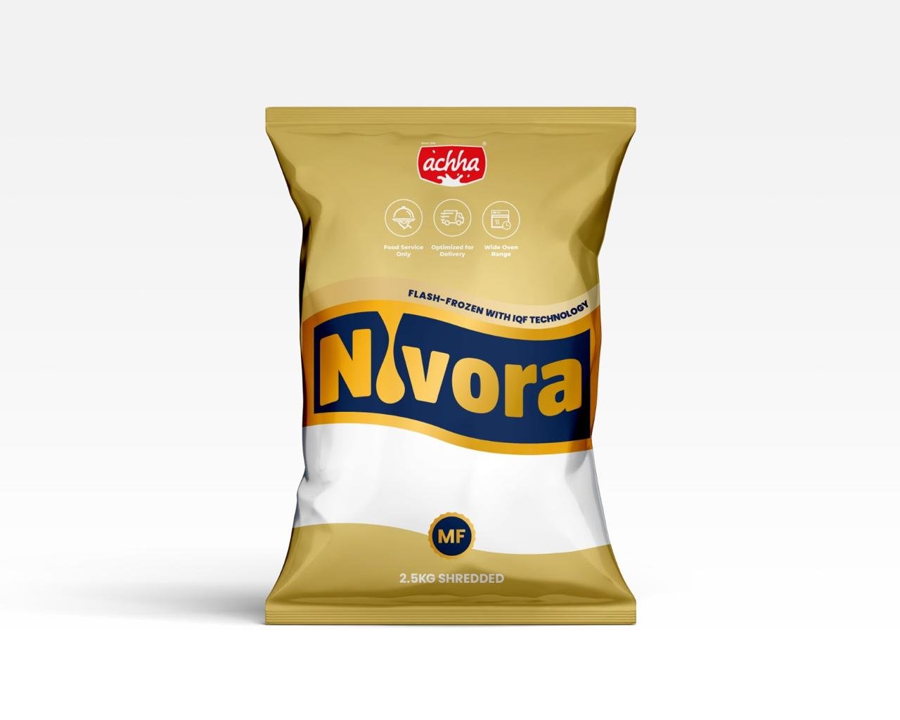 Nivora Milk Fat shredded cheese pack in champagne gold with navy and gold Nivora logo