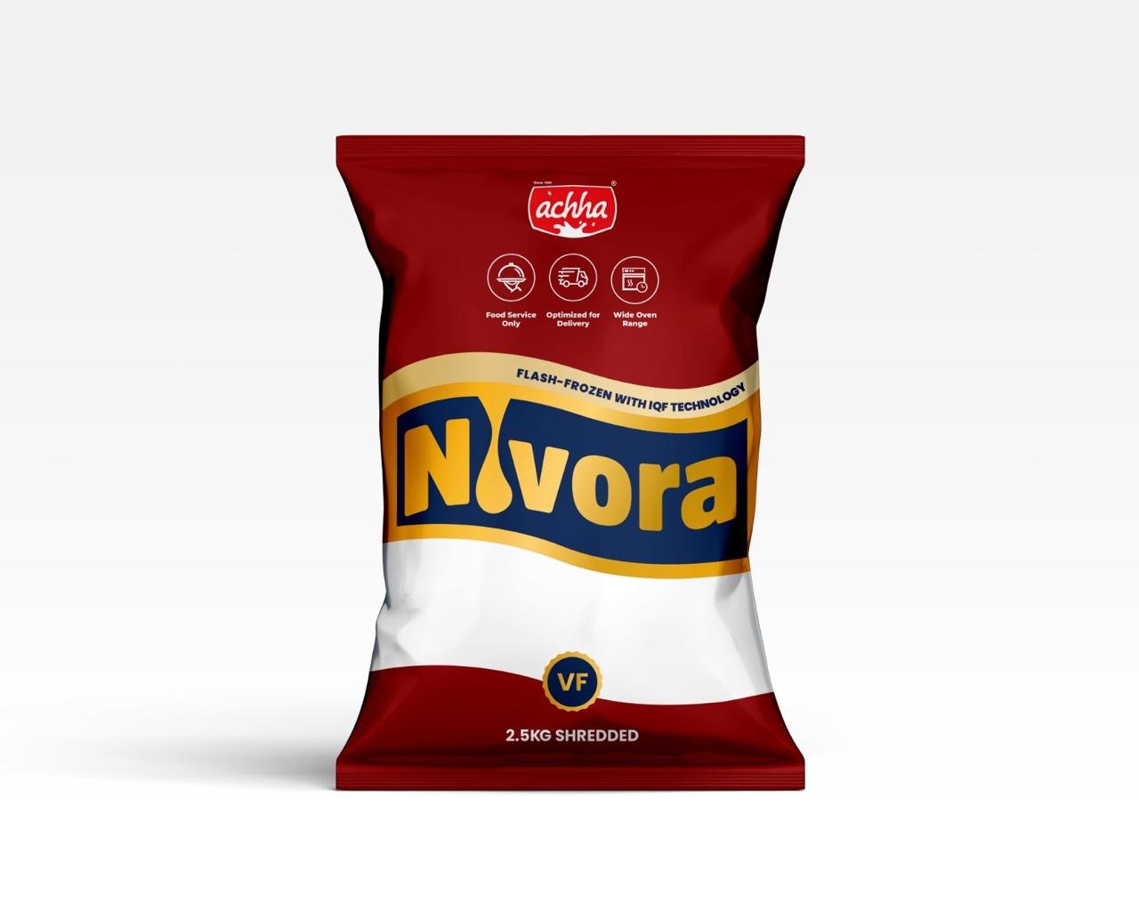 Nivora Vege Fat shredded cheese pack in deep red with navy and gold Nivora logo