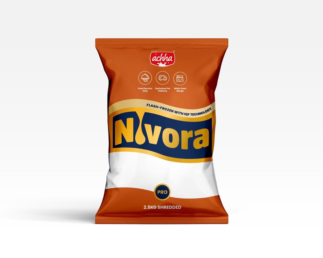 Nivora Mozzarella Max shredded cheese pack in burnt orange with navy and gold Nivora logo